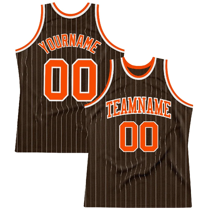 Basketball Jersey for Basketball Merchandise-Custom Brown White Pinstripe Orange Authentic Basketball Jersey