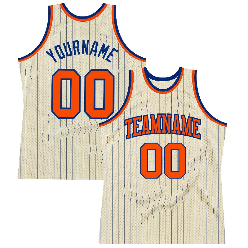 Basketball Jersey with Player Customization-Custom Cream Royal Pinstripe Orange Authentic Basketball Jersey