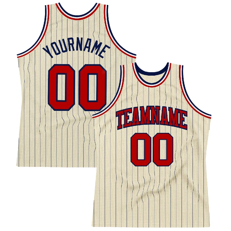 Basketball Jersey with Stretch Fabric-Custom Cream Navy Pinstripe Red Authentic Basketball Jersey