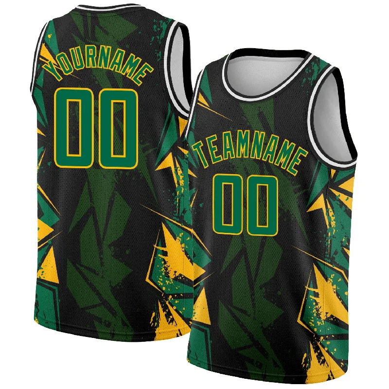 Basketball Jersey with Contrast Sleeves-Custom Black Kelly Green-Gold 3D Pattern Design Geometric Shapes Authentic Basketball Jersey