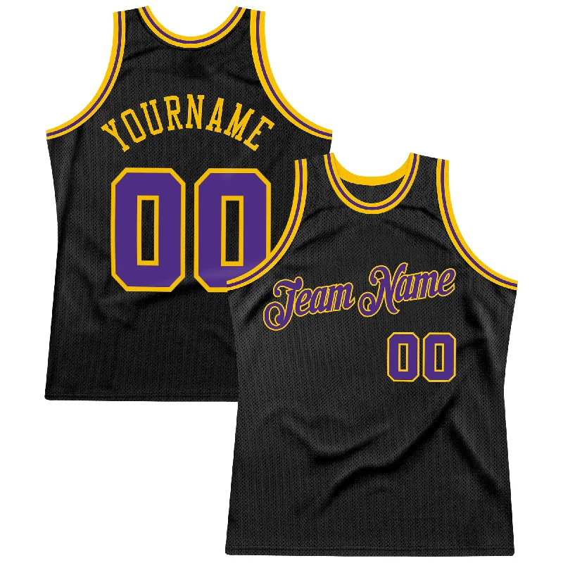 Basketball Jersey with Soft Fabric-Custom Black Purple-Gold Authentic Throwback Basketball Jersey