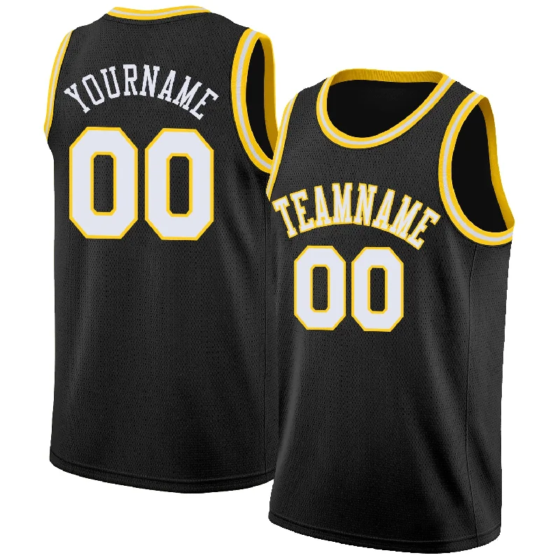 Basketball Jersey for All-Star Teams-Custom Black White-Gold Round Neck Rib-Knit Basketball Jersey