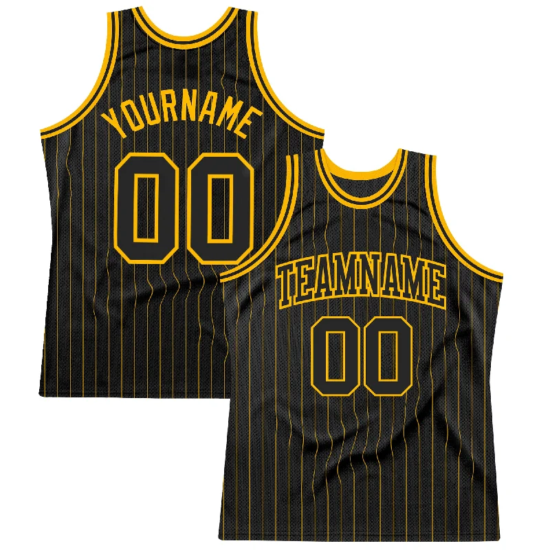 Basketball Jersey with Button Front-Custom Black Gold Pinstripe Black-Gold Authentic Basketball Jersey