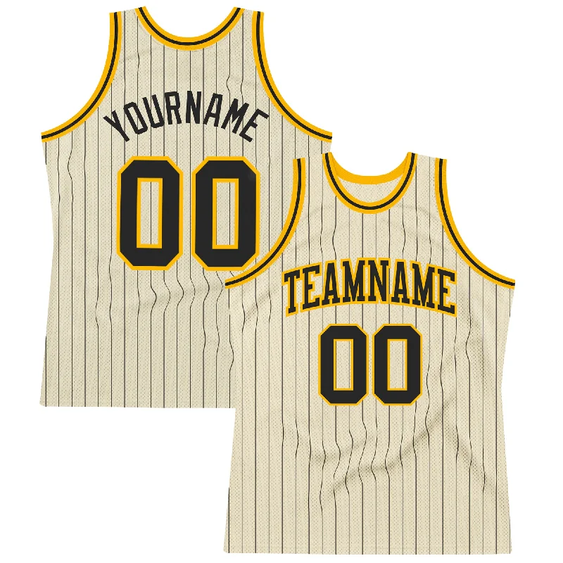 Basketball Jersey with Personalized Patch-Custom Cream Black Pinstripe Black-Gold Authentic Basketball Jersey