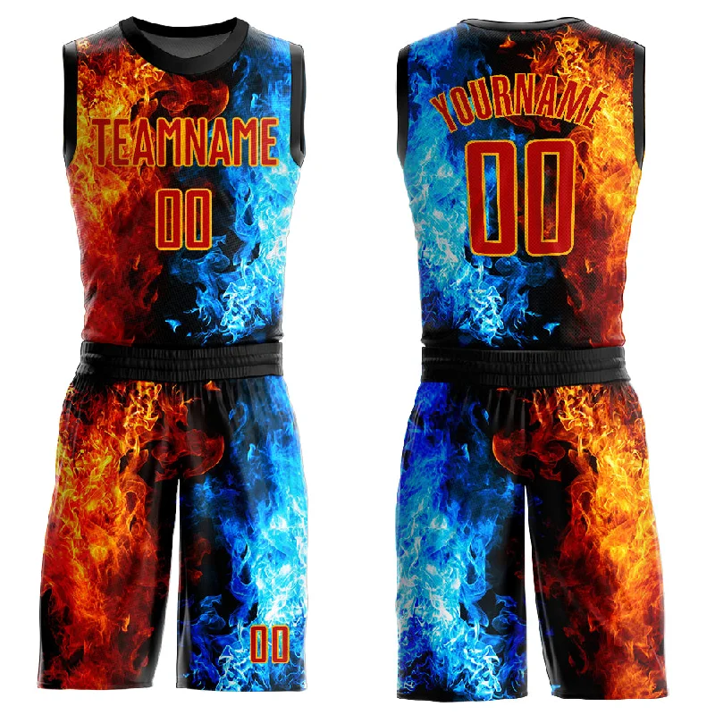 Basketball Jersey with Patch-Custom Figure Red-Gold Flame Round Neck Sublimation Basketball Suit Jersey