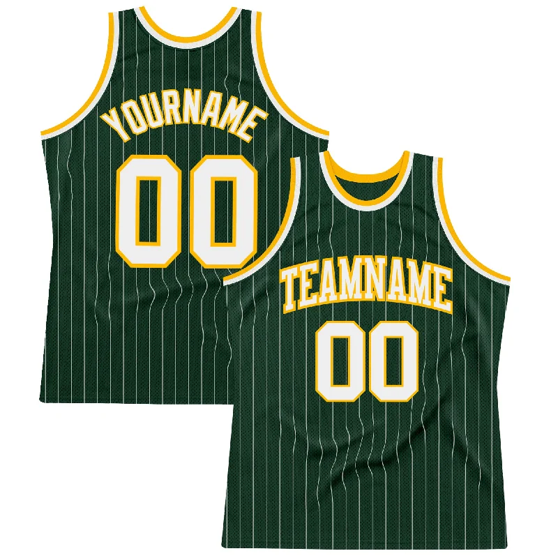 Basketball Jersey for Family Games-Custom Hunter Green White Pinstripe White-Gold Authentic Basketball Jersey