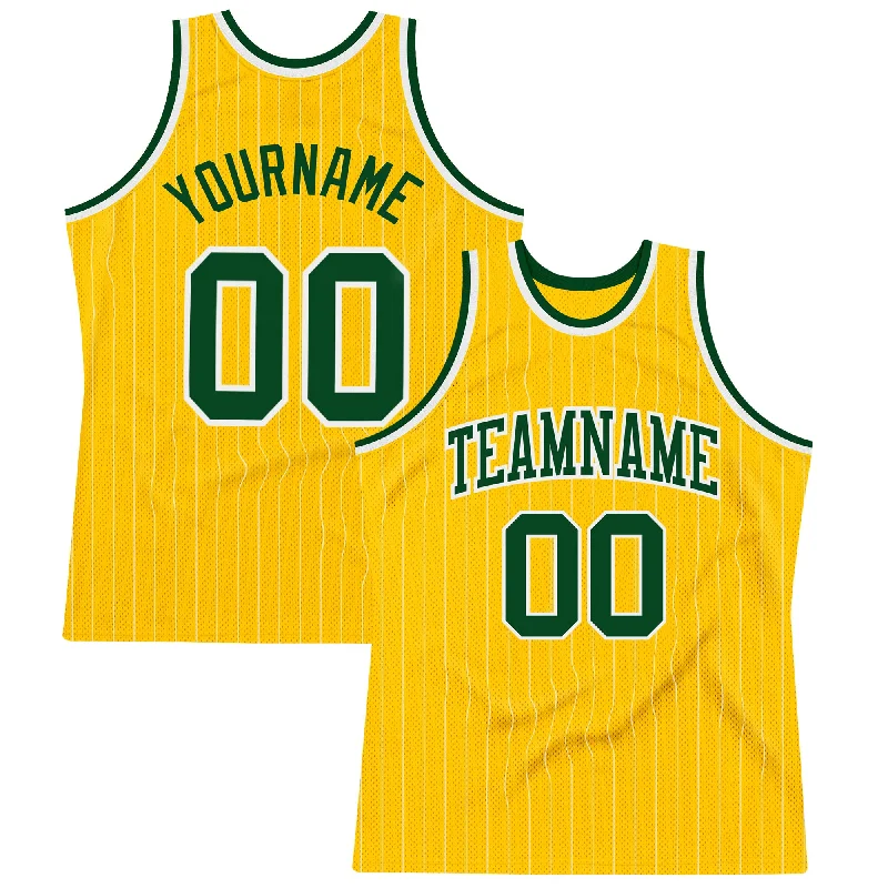 Basketball Jersey with Player Name-Custom Gold White Pinstripe Green Authentic Basketball Jersey