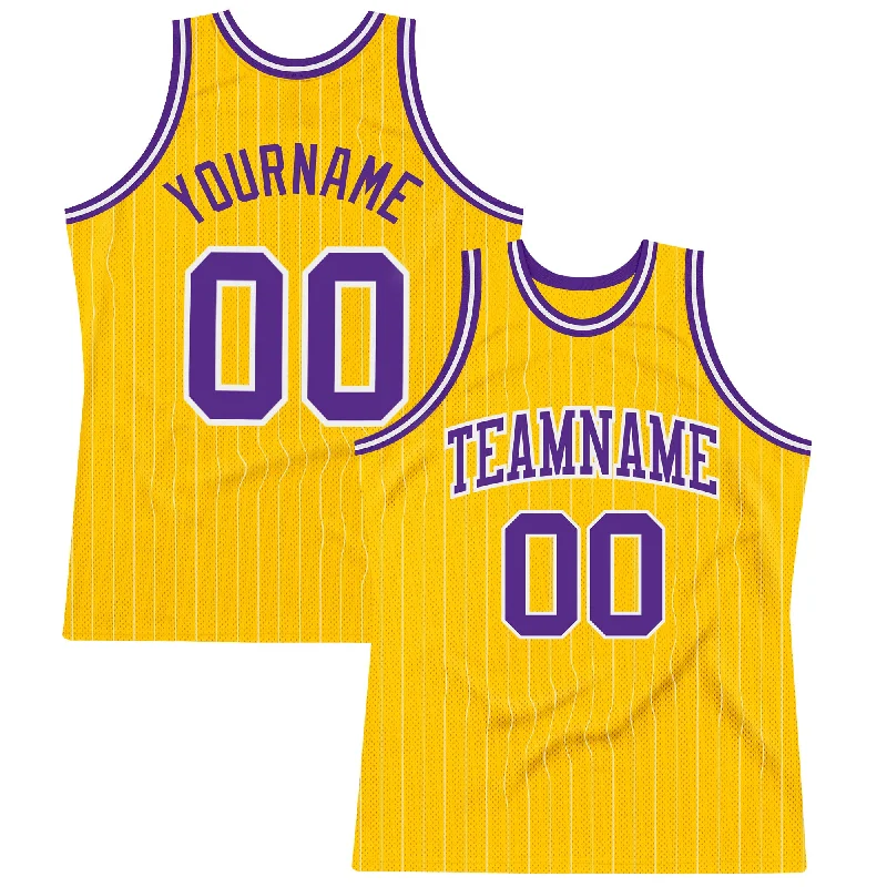 Custom Basketball Jersey for Adults-Custom Gold White Pinstripe Purple Authentic Basketball Jersey