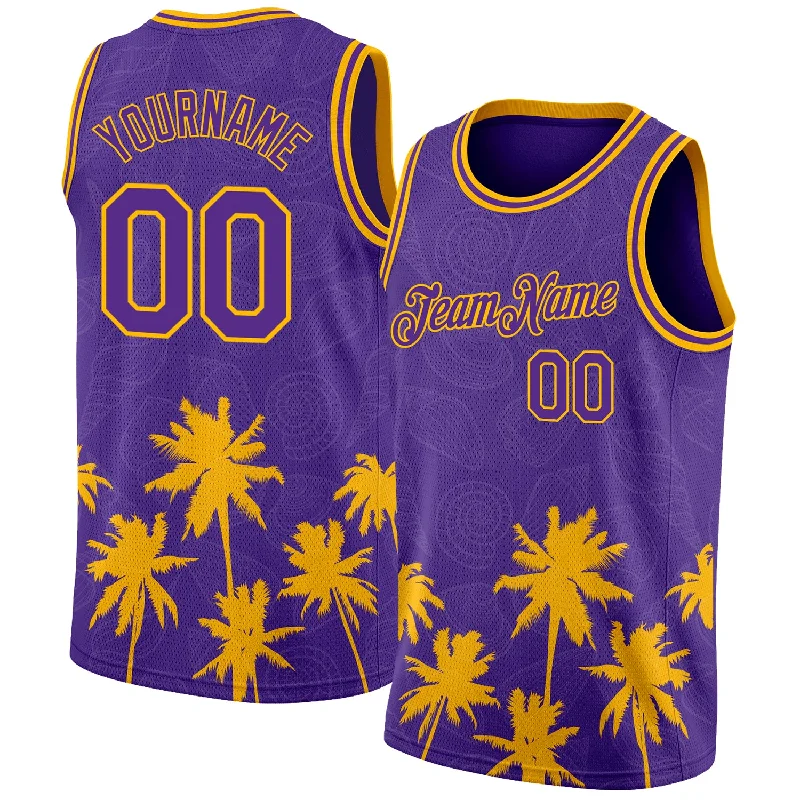 Custom Basketball Jersey with Mesh Panels-Custom Purple Gold 3D Pattern Hawaii Palm Trees Authentic Basketball Jersey