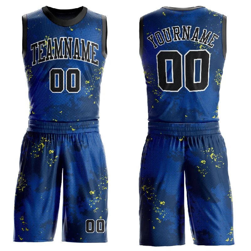 Basketball Jersey for Away Uniforms-Custom Royal Black-Gold Round Neck Sublimation Basketball Suit Jersey