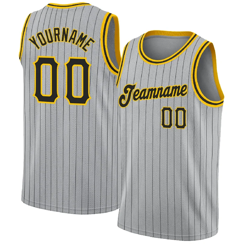 Basketball Jersey with Striped Sleeves-Custom Gray Black Pinstripe Black-Gold Authentic Basketball Jersey