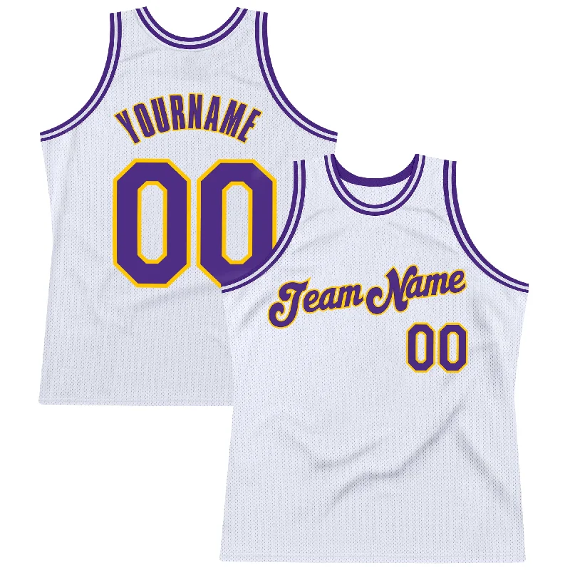 Basketball Jersey with Soft Fabric-Custom White Purple-Gold Authentic Throwback Basketball Jersey