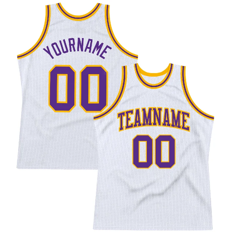 Basketball Jersey with Button Closure-Custom White Purple-Gold Authentic Throwback Basketball Jersey