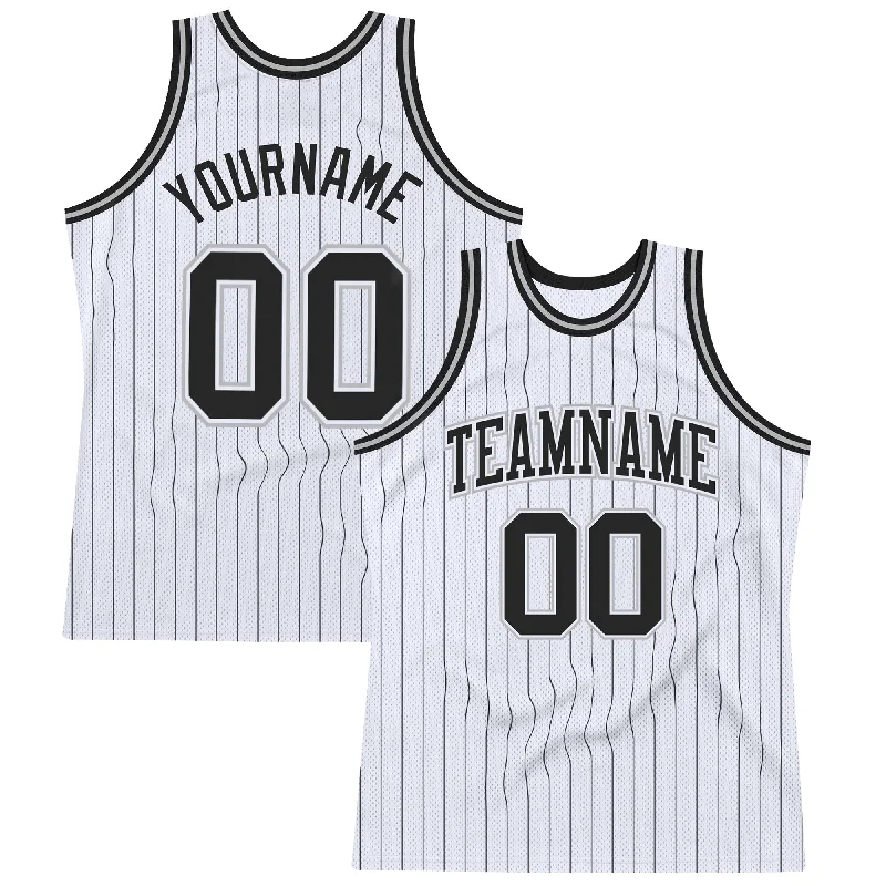 Basketball Jersey for Special Gifts-Custom White Black Pinstripe Black-Gray Authentic Basketball Jersey