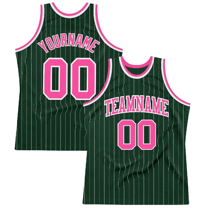 Basketball Jersey for Adult League-Custom Hunter Green White Pinstripe Pink Authentic Basketball Jersey