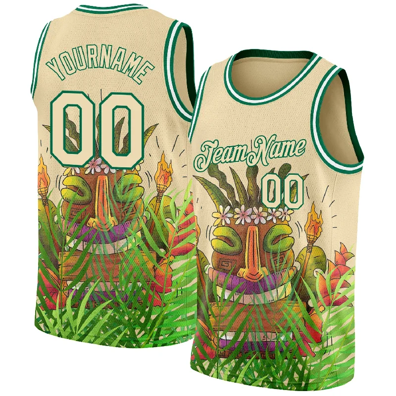 Basketball Jersey with Mesh Design-Custom Cream Kelly Green 3D Pattern Cartoon Tropical Hawaii Rainforest Authentic Basketball Jersey