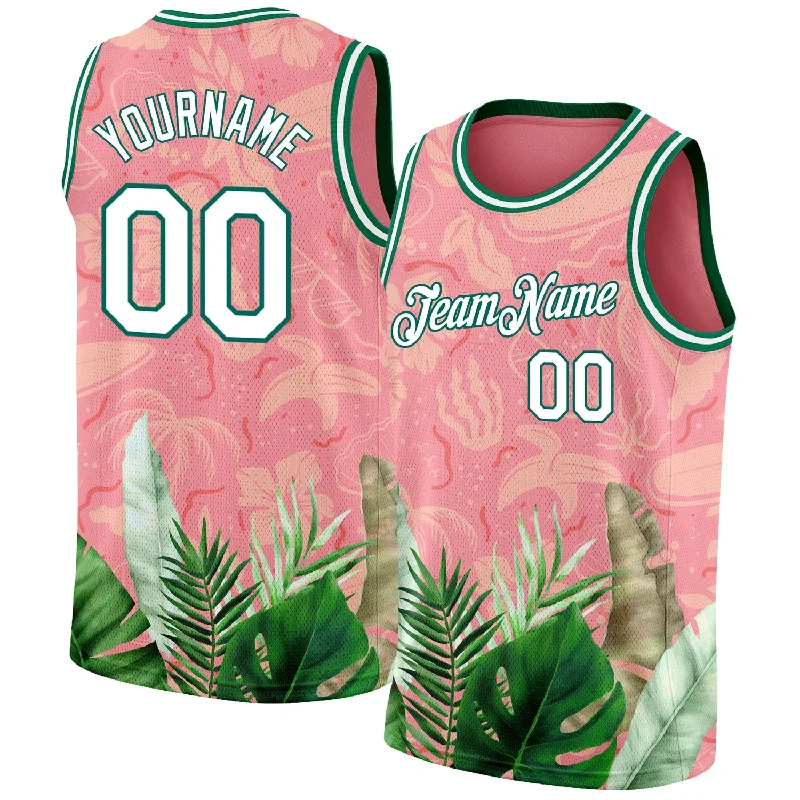 Lightweight Basketball Jersey-Custom Medium Pink White-Kelly Green 3D Pattern Tropical Hawaii Leaves Authentic Basketball Jersey