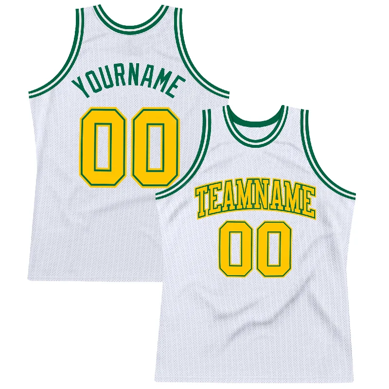 Basketball Jersey with Classic Design-Custom White Gold-Kelly Green Authentic Throwback Basketball Jersey