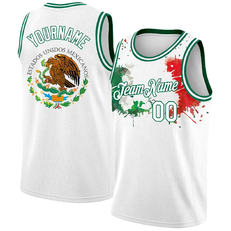 Basketball Jersey with Team Number-Custom White Kelly Green-Red 3D Mexican Flag Splashes Authentic Basketball Jersey