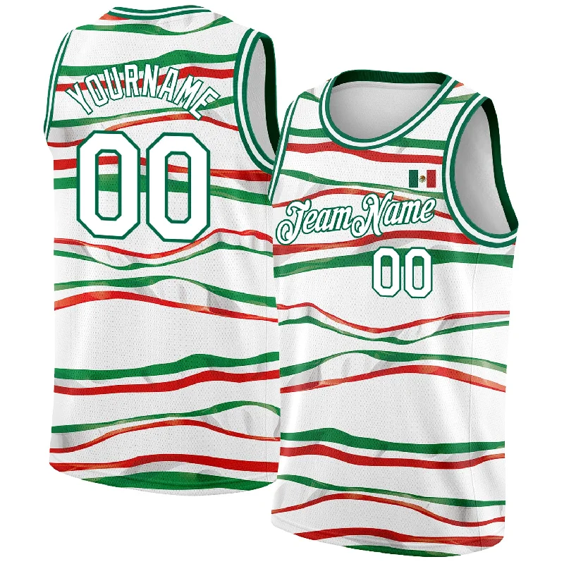 Basketball Jersey with Sporty Look-Custom White Kelly Green-Red 3D Mexican Flag Authentic Basketball Jersey