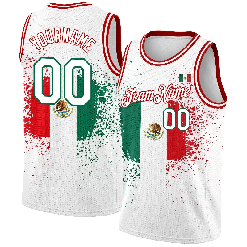 Basketball Jersey with Cool Design-Custom White Kelly Green-Red 3D Mexican Flag Authentic Basketball Jersey