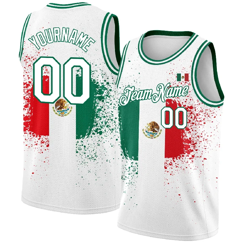 Basketball Jersey with Bold Design-Custom White Kelly Green-Red 3D Mexican Flag Authentic Basketball Jersey