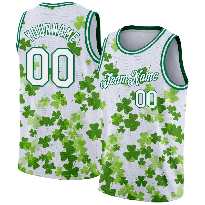 Basketball Jersey for College Students-Custom White Kelly Green 3D Pattern Design St. Patrick's Day Authentic Basketball Jersey