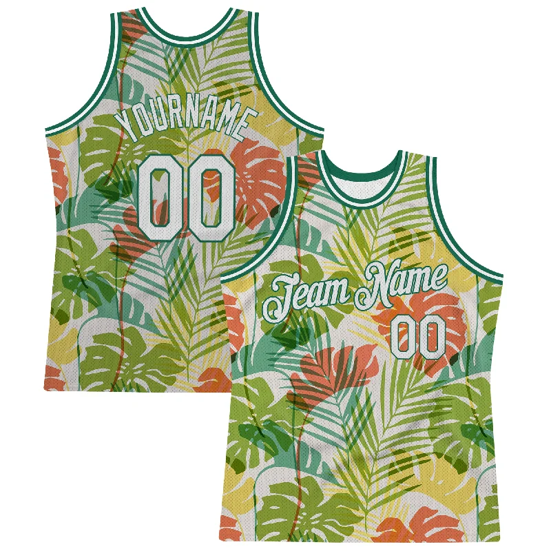 Basketball Jersey for Outdoor Games-Custom White White-Kelly Green 3D Pattern Hawaii Palm Trees Authentic Basketball Jersey