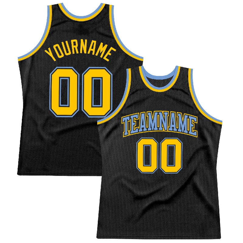 Basketball Jersey with Team Number-Custom Black Gold-Light Blue Authentic Throwback Basketball Jersey