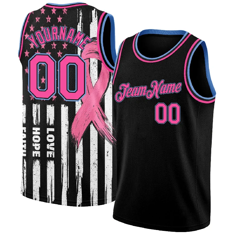 Basketball Jersey with Breathable Fabric-Custom Black Pink-Light Blue 3D American Flag Fashion With Pink Ribbon Breast Cancer Awareness Month Women Health Care Support Authentic Basketball Jersey