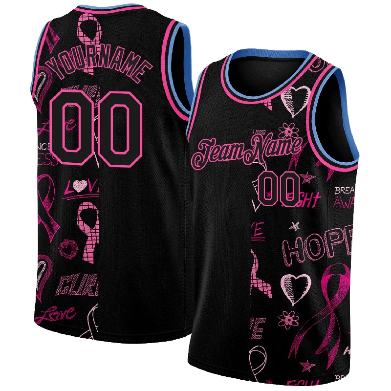 Basketball Jersey with Fan Design-Custom Black Pink-Light Blue 3D Pattern Design Pink Ribbon Breast Cancer Awareness Month Women Health Care Support Authentic Basketball Jersey