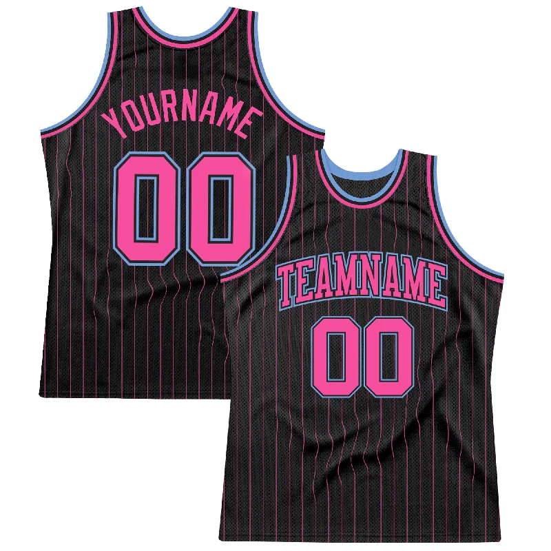 Basketball Jersey with Full Sleeves-Custom Black Pink Pinstripe Pink-Light Blue Authentic Basketball Jersey