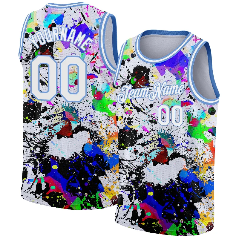 Adult Basketball Jersey-Custom Graffiti Pattern White-Light Blue 3D Grunge Art Authentic Basketball Jersey