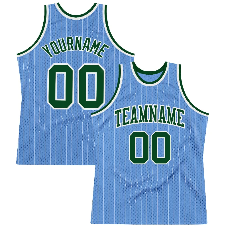 Basketball Jersey with Player Number-Custom Light Blue White Pinstripe Green Authentic Basketball Jersey