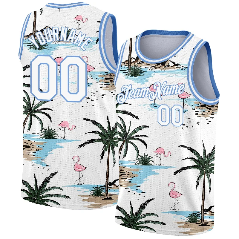 Basketball Jersey for Tournament-Custom White Light Blue 3D Pattern Tropical Hawaii Palm Trees Authentic Basketball Jersey