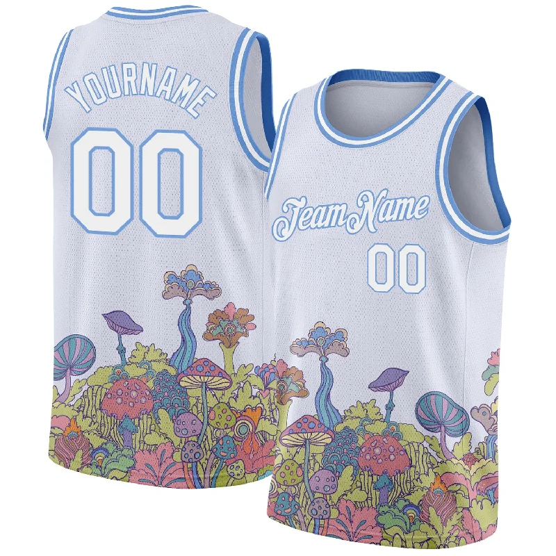 Basketball Jersey with Breathable Fabric-Custom White Light Blue 3D Pattern Design Colorful Flowers And Mushrooms Psychedelic Hallucination Authentic Basketball Jersey