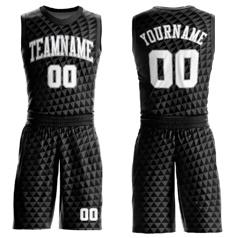 Basketball Jersey with Mesh Sleeves-Custom Black White-Gray Triangle Shapes Round Neck Sublimation Basketball Suit Jersey