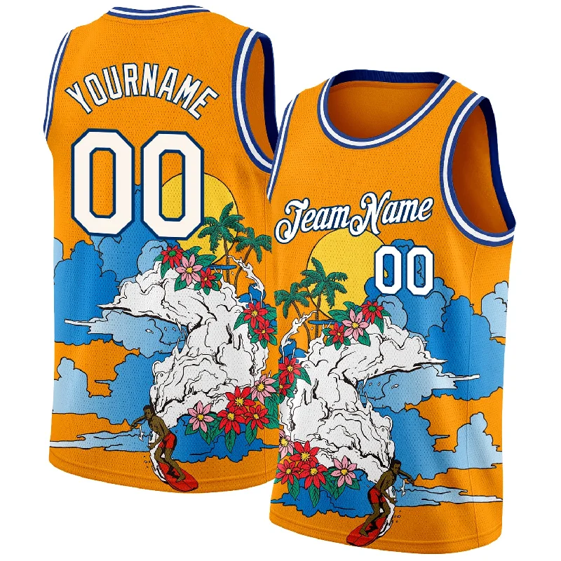 Basketball Jersey for Adult League-Custom Bay Orange White-Royal 3D Pattern Tropical Beach Hawaii Palm Trees Authentic Basketball Jersey