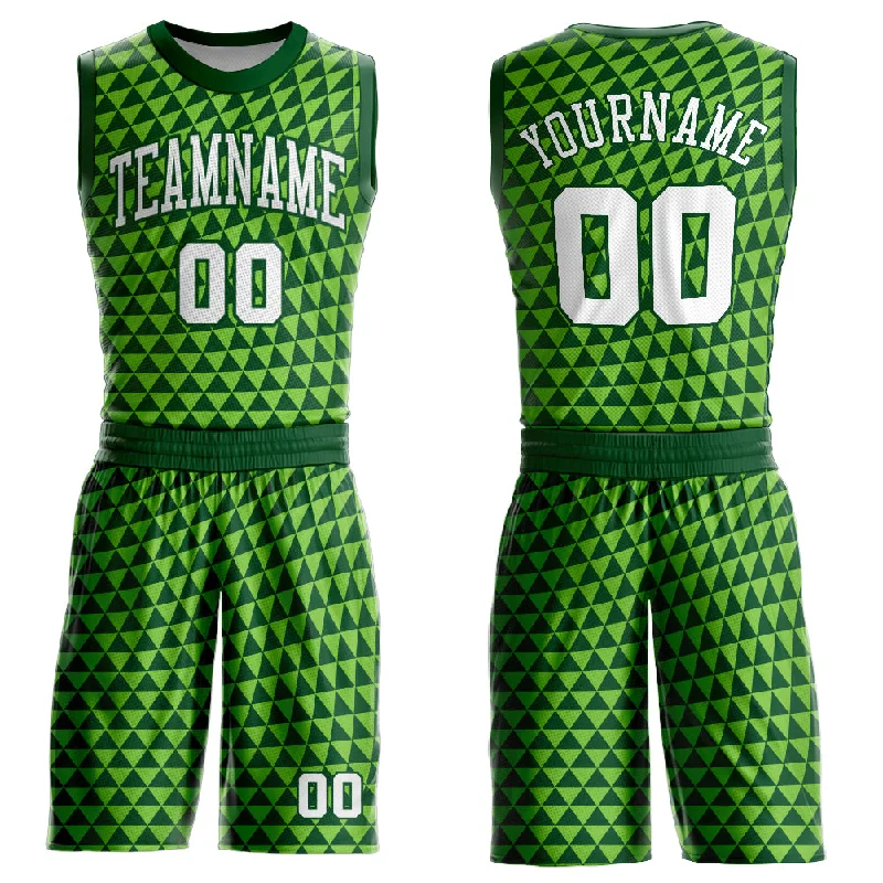 Basketball Jersey with Player Customization-Custom Green White-Neon Green Triangle Shapes Round Neck Sublimation Basketball Suit Jersey