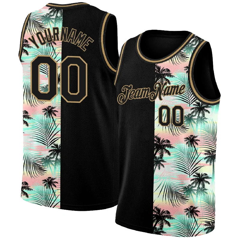 Basketball Jersey for College Players-Custom Black Old Gold 3D Pattern Tropical Hawaii Palm Trees Authentic Basketball Jersey