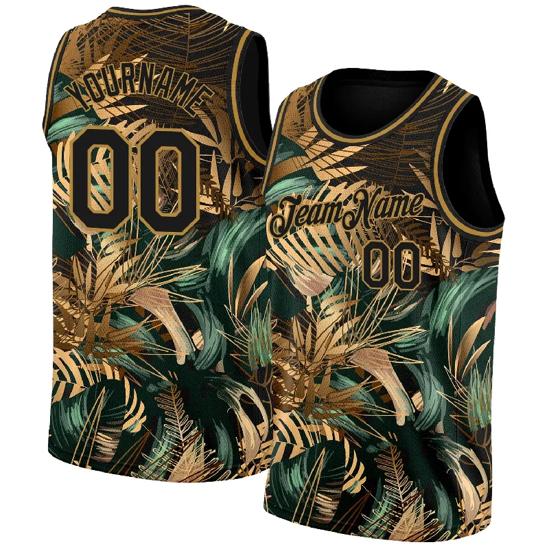 Retro Basketball Jersey-Custom Black Old Gold 3D Pattern Tropical Hawaii Palm Leaves Authentic Basketball Jersey