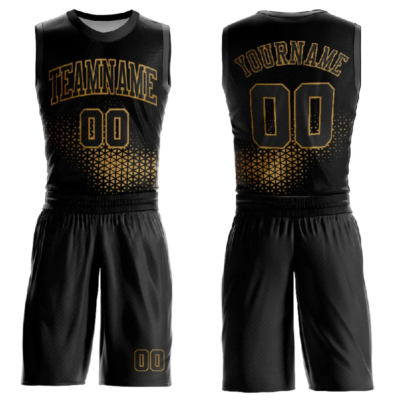 Embroidered Basketball Jersey-Custom Black Old Gold Round Neck Sublimation Basketball Suit Jersey