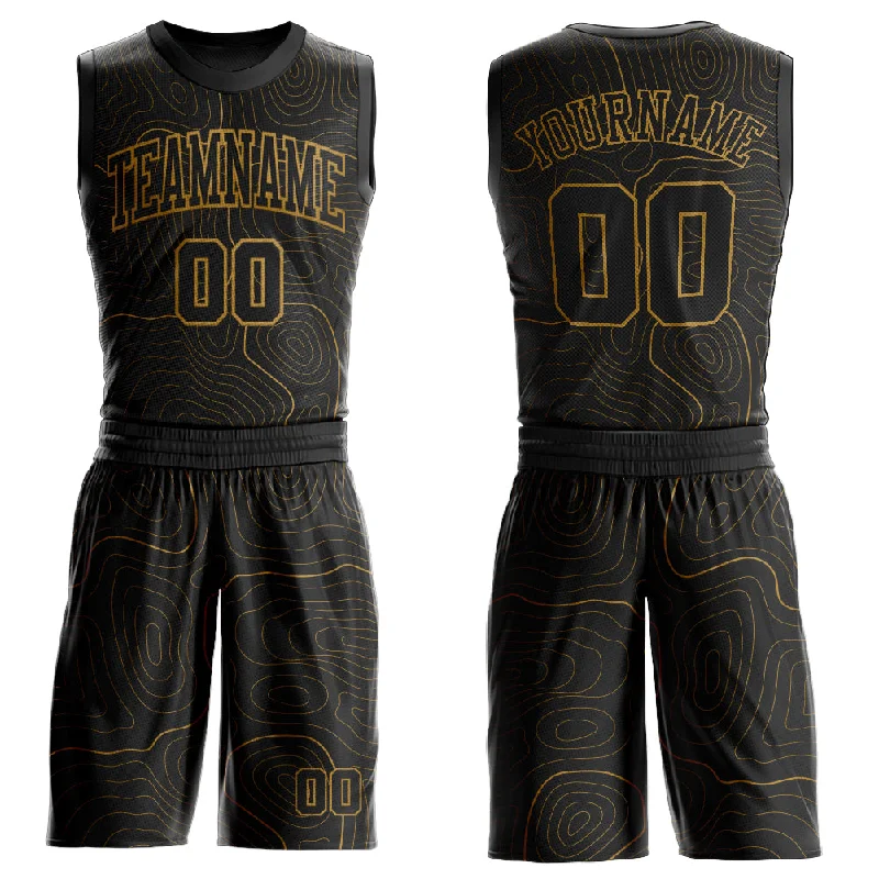 Custom Basketball Jersey with Team Name-Custom Black Old Gold Round Neck Sublimation Basketball Suit Jersey