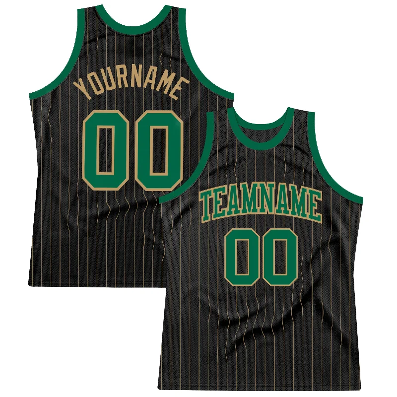 High School Basketball Jersey-Custom Black Old Gold Pinstripe Kelly Green-Old Gold Authentic Basketball Jersey