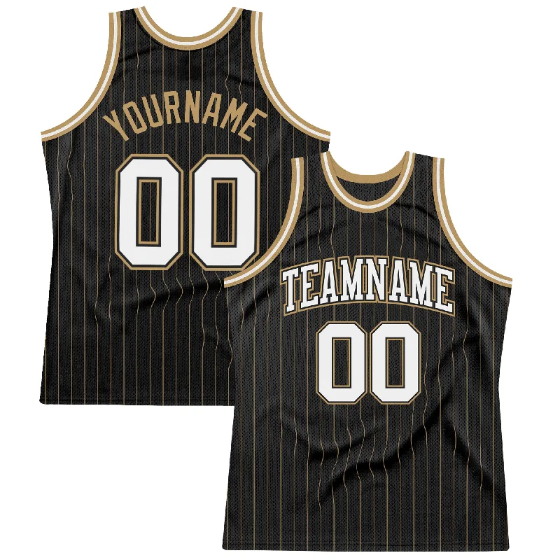 Basketball Jersey with Team Number-Custom Black Old Gold Pinstripe White-Old Gold Authentic Basketball Jersey