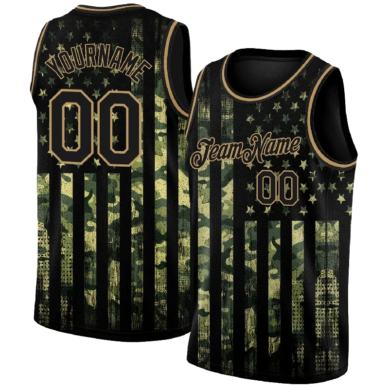 Basketball Jersey with Long Sleeves-Custom Camo Black-Old Gold 3D American Flag Fashion Authentic Salute To Service Basketball Jersey