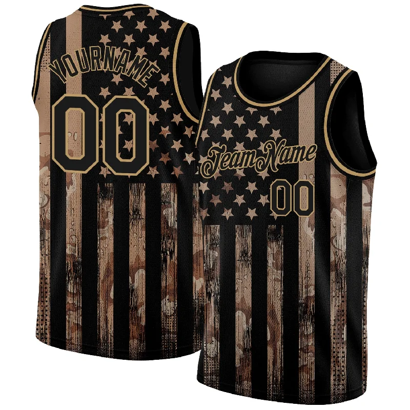 Basketball Jersey with Loose Fit-Custom Camo Black-Old Gold 3D American Flag Fashion Authentic Salute To Service Basketball Jersey