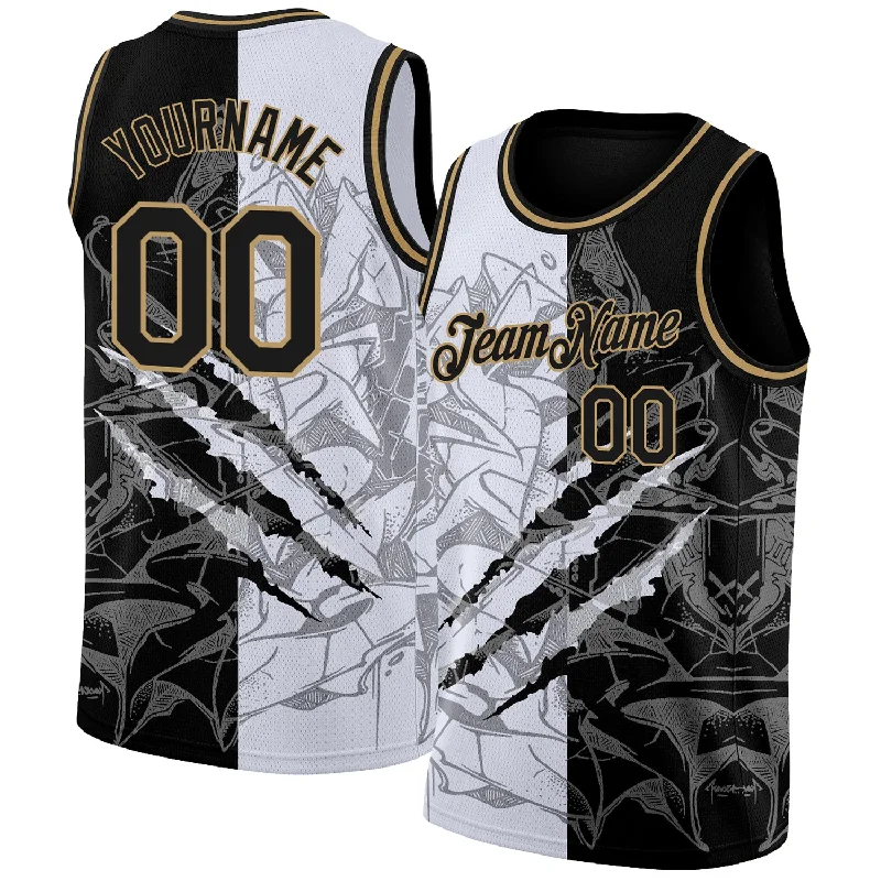 Custom Basketball Jersey Design-Custom Graffiti Pattern Black-Old Gold 3D Scratch Authentic Basketball Jersey