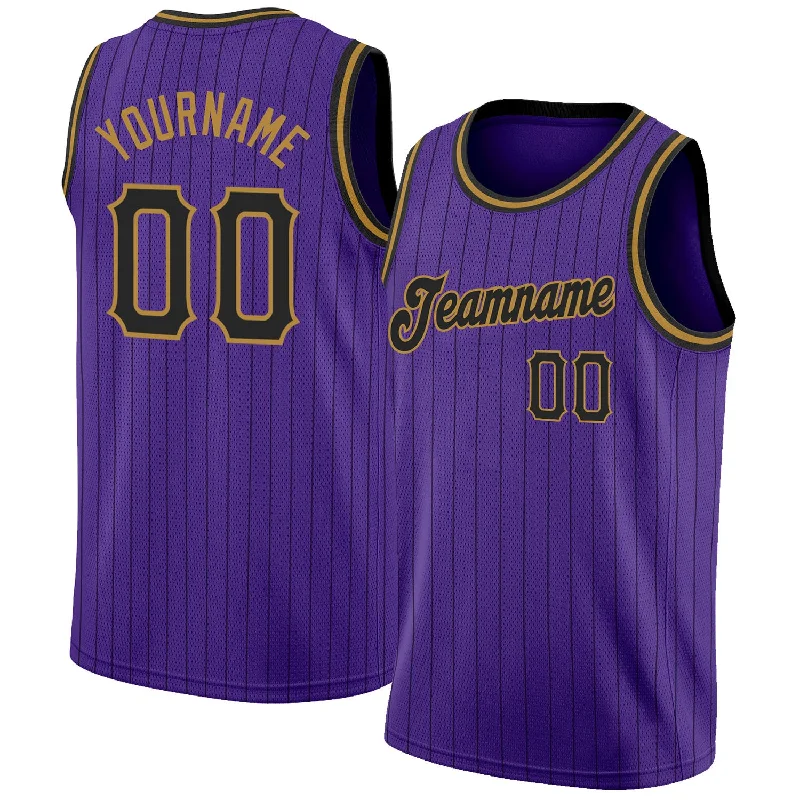 Authentic Basketball Jersey-Custom Purple Black Pinstripe Black-Old Gold Authentic Basketball Jersey