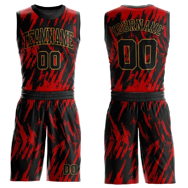 Basketball Jersey for Sports Merchandising-Custom Red Black-Old Gold Round Neck Sublimation Basketball Suit Jersey